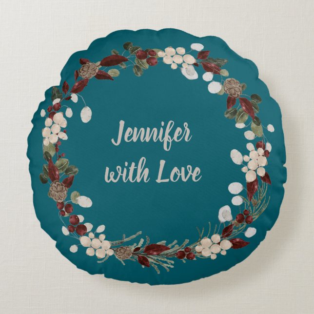 Christmas wreath on a rich teal named rundes kissen (Vorderseite)