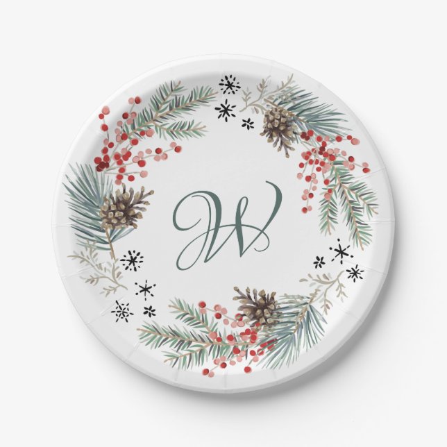 Christmas Wreath Pine Berry Snowflakes Monogram Pappteller (Vorderseite)