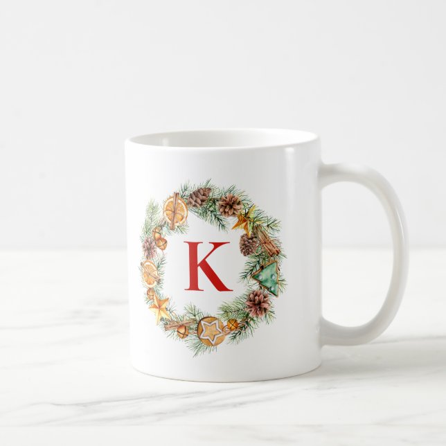 Christmas Wreath Pinecone and Evergreens Monogram Kaffeetasse (Rechts)