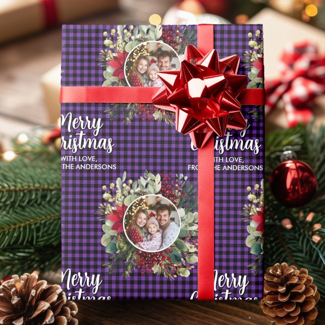 Christmas Wreath Plaids Family Photo Personalized Geschenkpapier (Christmas Wreath Plaids Family Photo Personalized Wrapping Paper)