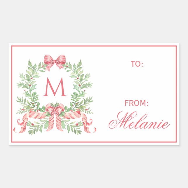 Christmas Wreath w/ Bow | Monogram Rechteckiger Aufkleber (Vorderseite)