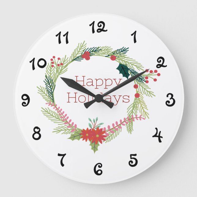Christmas Wreaths Happy Holidays Große Wanduhr (Vorderseite)
