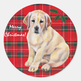 Christmas Yellow Labrador Puppy Tartan Runder Aufkleber