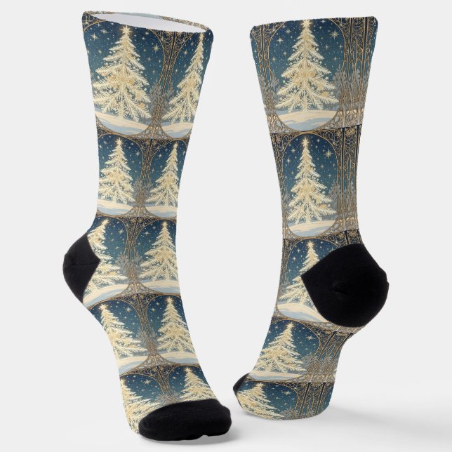 Christmas Yule Tree Snowflake Branches Art Nouveau Socken (Gewinkelt)