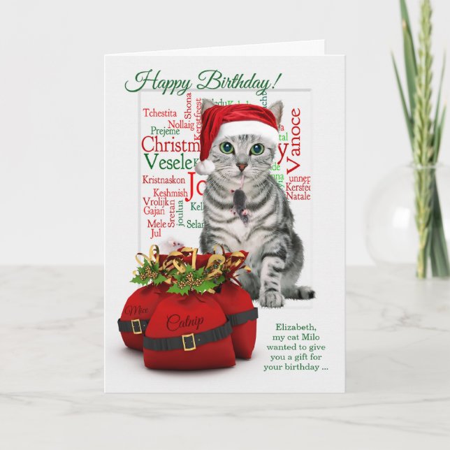 Christmastime Birthday Custom Tabby Cat Feiertagskarte (Vorderseite)