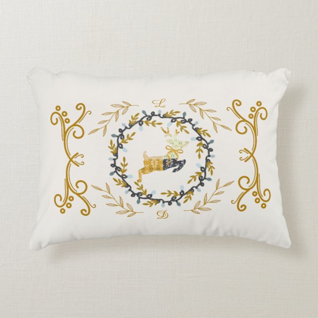 Christmastime Deer with Wreath Yellow Cream Dekokissen (Vorderseite)