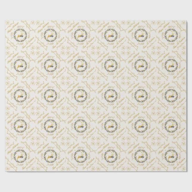Christmastime Deer with Wreath Yellow Cream Geschenkpapier (Flach)