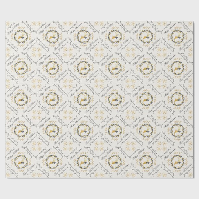 Christmastime Deer with Wreath Yellow Cream Geschenkpapier (Flach)