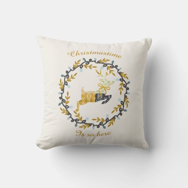 Christmastime Deer with Wreath Yellow Cream Kissen (Vorderseite)