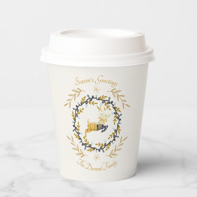 Christmastime Deer with Wreath Yellow Cream Pappbecher (Vorderseite)