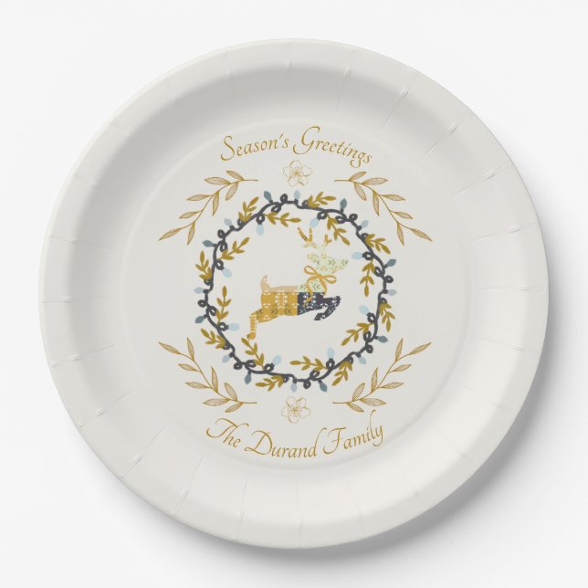 Christmastime Deer with Wreath Yellow Cream Pappteller (Vorderseite)
