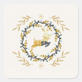 Christmastime Deer with Wreath Yellow Cream Quadratischer Aufkleber