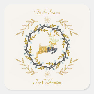 Christmastime Deer Yellow Cream Celebrate Quadratischer Aufkleber
