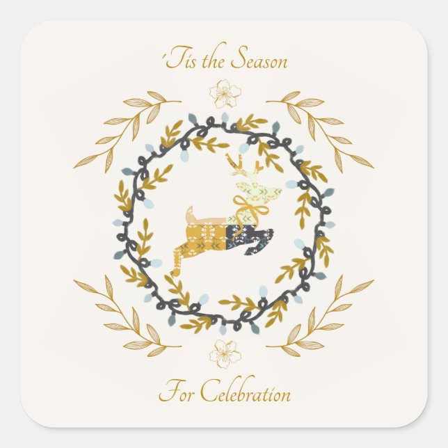 Christmastime Deer Yellow Cream Celebrate Quadratischer Aufkleber (Vorderseite)