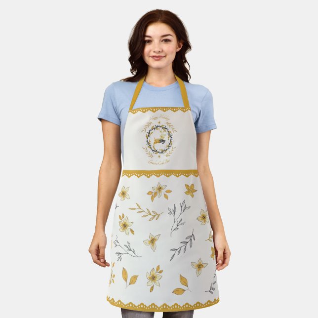 Christmastime Deer Yellow Cream Floral Schürze (Getragen)