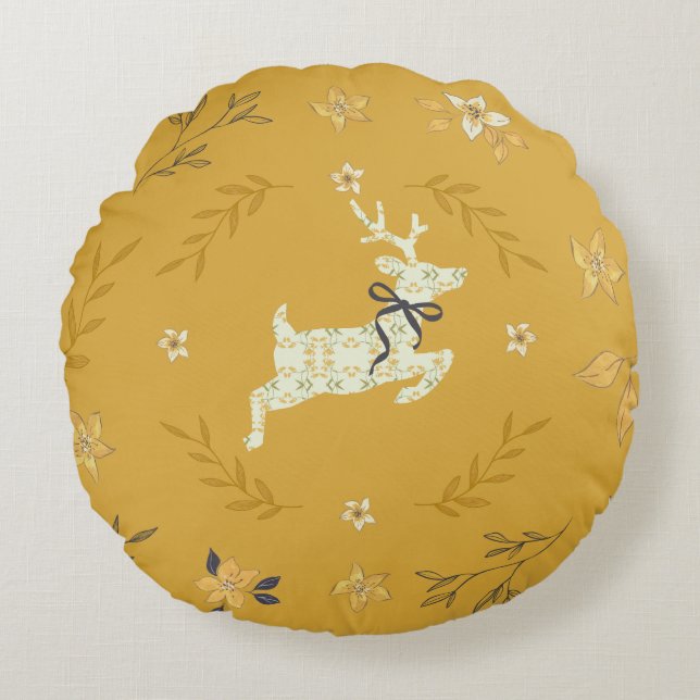 Christmastime Deer Yellow Floral Rundes Kissen (Vorderseite)