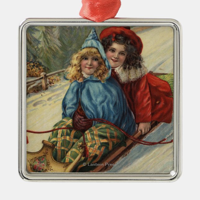 ChristmasTwo kleine Mädchen Sledding Ornament Aus Metall (Vorne)