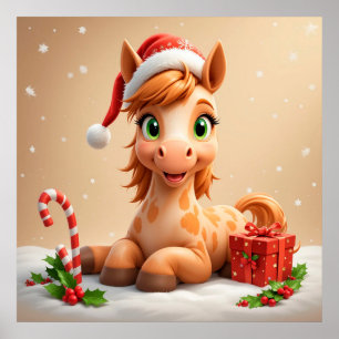 Christms Cartoon Pferd mit Weihnachtsmannmütze Poster