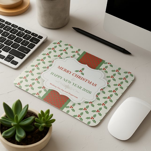 Christstachel-Muster Grüne Stechpalme Rote Beeren Mousepad (Von Creator hochgeladen)