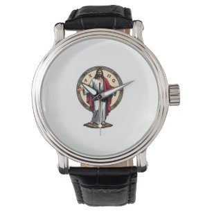 Christus Alpha Omega graviertes weißes Shirt Armbanduhr