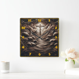 Christus auf dem Kreuz inmitten von Wellen und Ber Quadratische Wanduhr