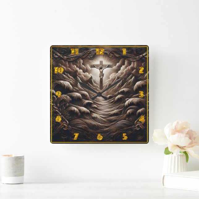 Christus auf dem Kreuz inmitten von Wellen und Ber Quadratische Wanduhr (Zuhause)