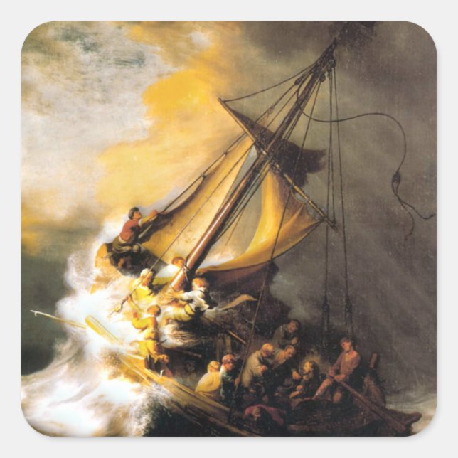 Christus im Sturm am Meer von Galiläa- Rembrandt Quadratischer Aufkleber (Vorderseite)