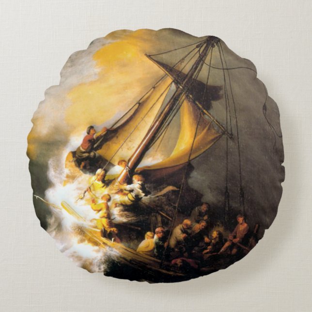 Christus im Sturm am Meer von Galiläa- Rembrandt Rundes Kissen (Vorderseite)