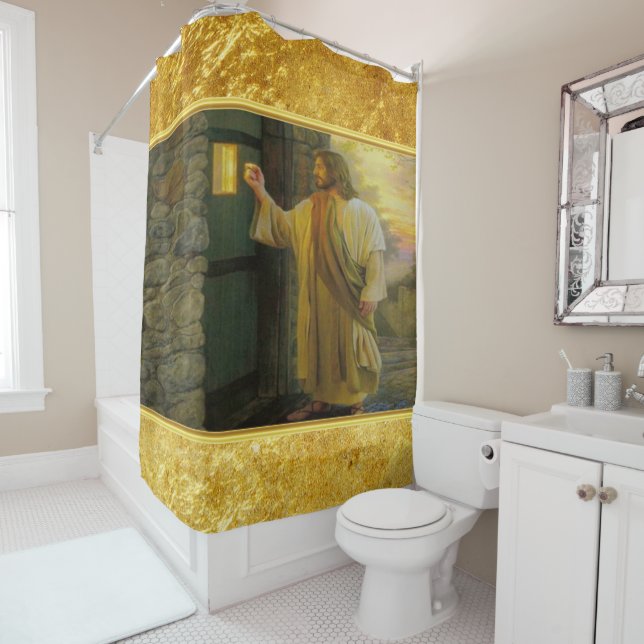 Christus klopft an einer verwitterten Holztür Gold Duschvorhang (Beispiel)