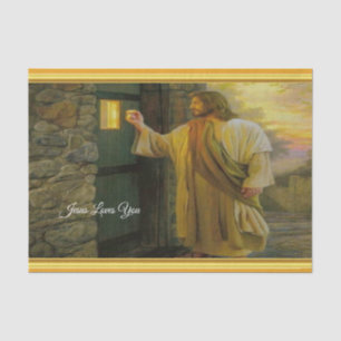 Christus klopft an einer verwitterten Holztür Gold Seidenpapier
