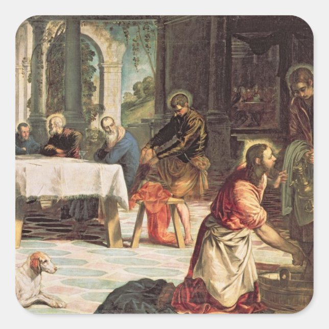 Christus wäscht die Füße der Jünger 2 Quadratischer Aufkleber (Vorderseite)