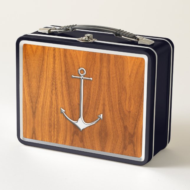 Chrom Anchor auf Teak Veneer Nautic Lifestyle Metall Brotdose (Vorderseite)