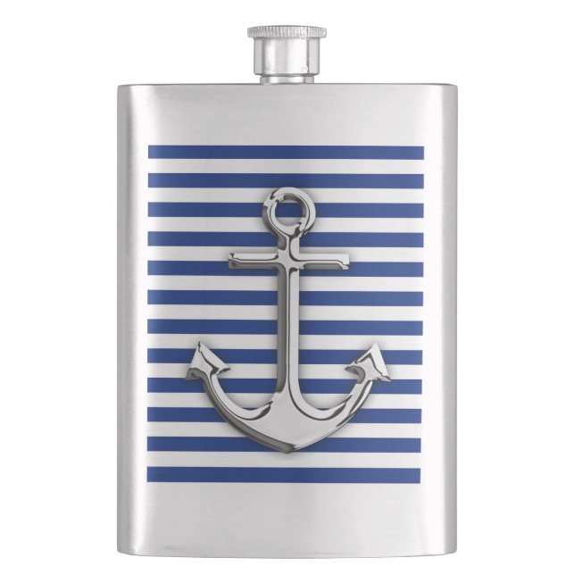 Chrom-Anker auf Marine-Streifen-Druck Flachmann (Vorderseite)