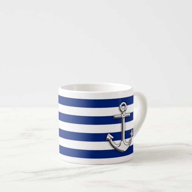 Chrom-Anker auf Marine-Streifen Espressotasse (Vorderseite Rechts)