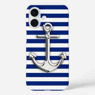 Chrom-Anker auf Marine-Streifen iPhone 16 Hülle