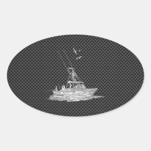 Chrom-Art-Fischerboot auf Kohlenstoff-Faser Ovaler Aufkleber