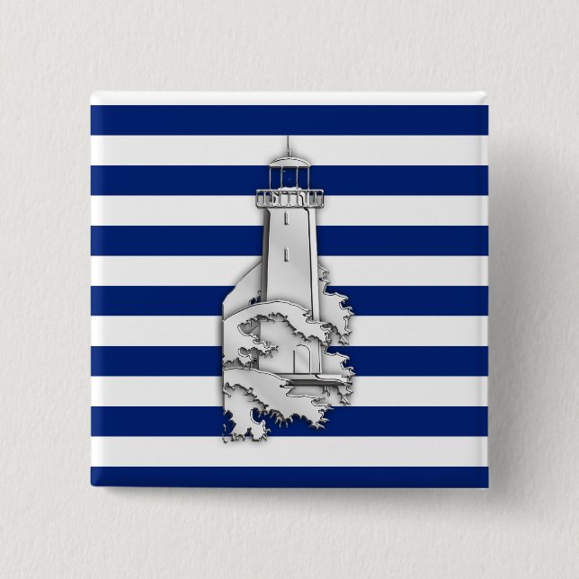 Chrom-Art-Leuchtturm auf blauen Seestreifen Button (Vorderseite)