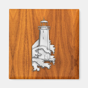 Chrom-Art-Leuchtturm auf Teakholz-Holz-Dekor Magnet