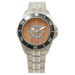 Chrom-Art-Seerad auf Teakholz-Furnier-Blatt Armbanduhr