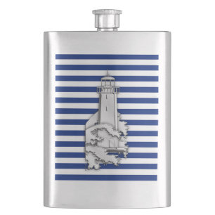 Chrom-Leuchtturm auf Marine-Streifen-Druck Flachmann