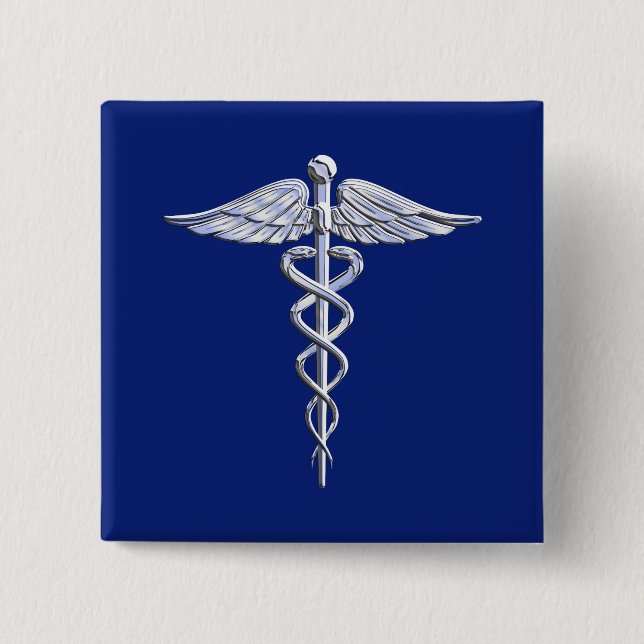 Chrom mag Caduceus-medizinisches Symbol auf blauem Button (Vorderseite)