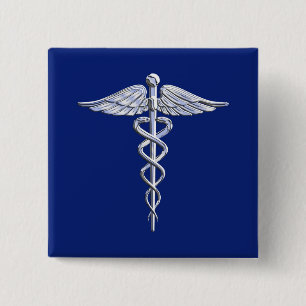 Chrom mag Caduceus-medizinisches Symbol auf blauem Button