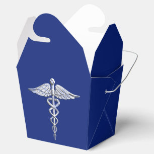 Chrom mag Caduceus-medizinisches Symbol auf blauem Geschenkschachtel