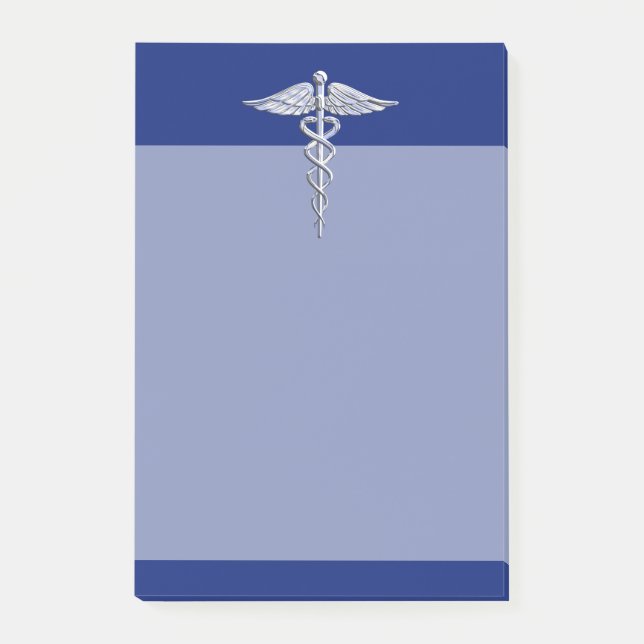 Chrom mag Caduceus-medizinisches Symbol auf blauem Post-it Klebezettel (Vorderseite)