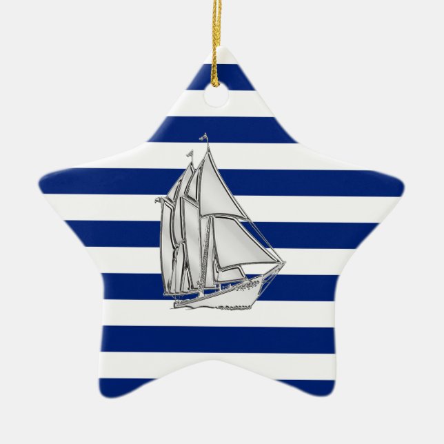 Chrom mag Segelboot auf Seestreifen Keramik Ornament (Vorne)