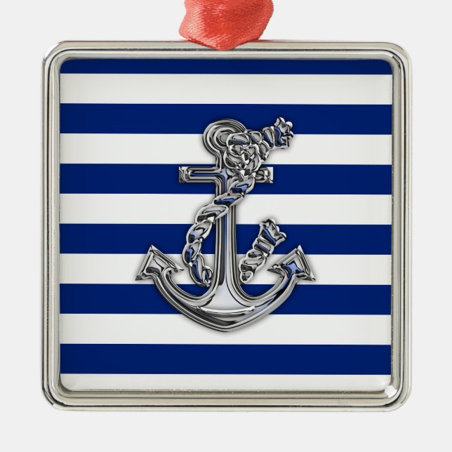 Chrom mag Seil-Anker auf Seestreifen Silbernes Ornament (Vorne)