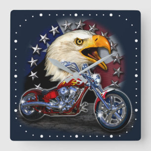 Chrom-Motorrad-Chopper-patriotischer Adler-USA-Fla Quadratische Wanduhr