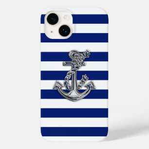 Chrom Nautical Anchor Print on Navy Stripes Case-Mate iPhone 14 Hülle