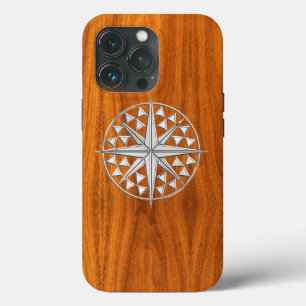 Chrom Nautical Compass auf Teak Veneer Print iPhone 13 Pro Hülle