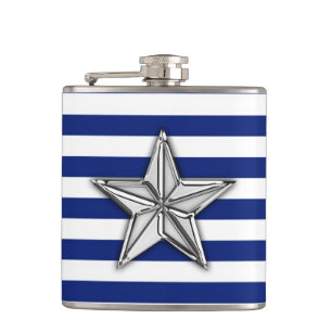 Chrom Nautical Star auf Navy Strips Flachmann